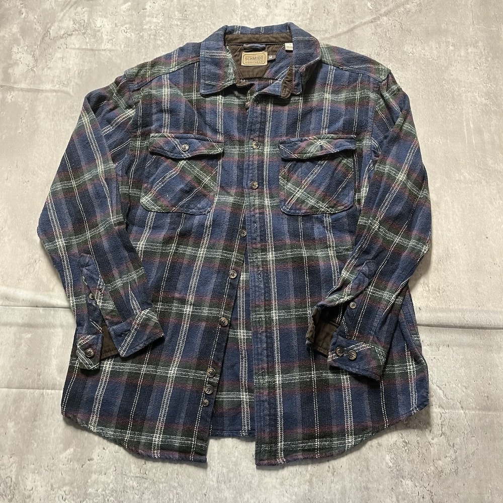 Schmidt Shirt Mens M Blue Check Flannel Button Up Workwear Heavyweight Work